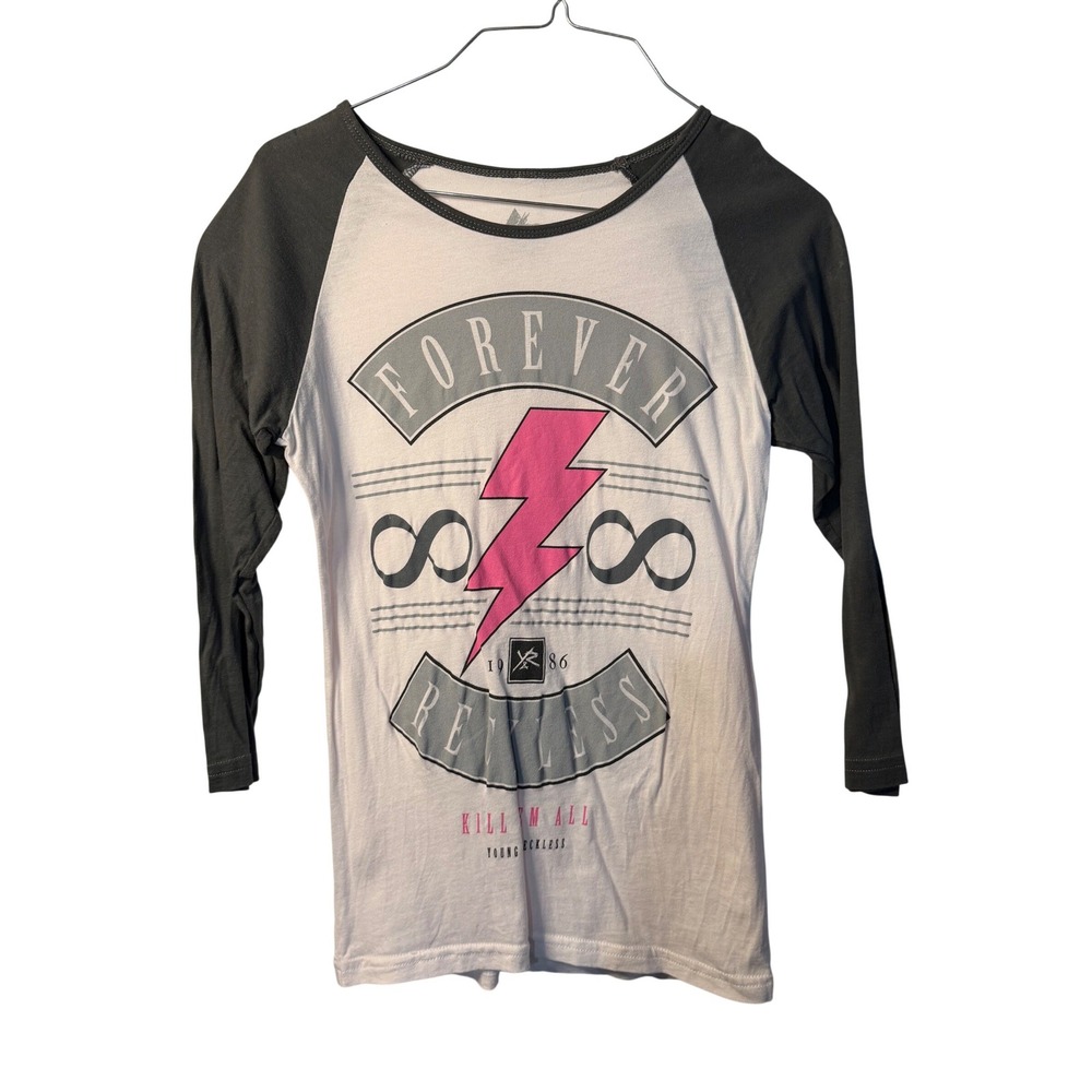 Young & Reckless Women Small White Grey Pink Raglan Forever Restless Graphic Tee